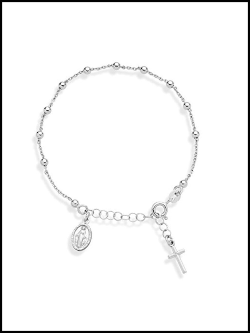 Sterling Silver Rosary Bead Chain Bracelet with Miraculous Medal & Cross Charm